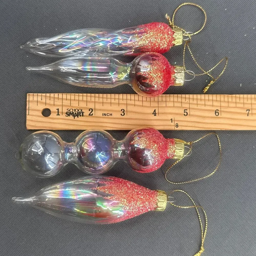 4 VTG Blown Glass Icicle Christmas Ornaments Clear Iridescent Pink Glitter Glam